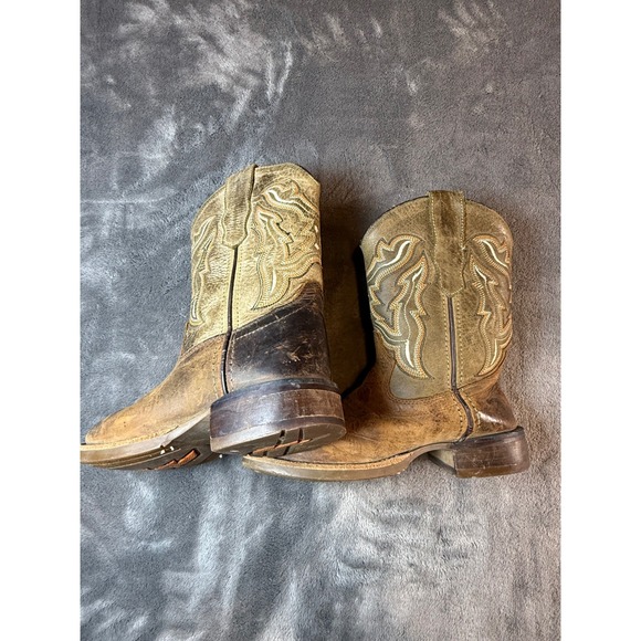 13 boys Old West Kids Square Toe Cowboy Boots Brown Leather Western Style - Picture 4 of 11